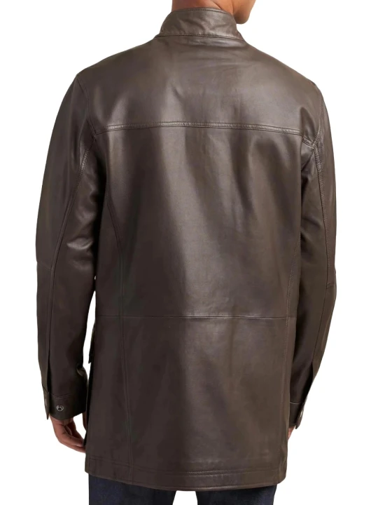 Zipper With Snaps Closure Brown Leather Car Coat