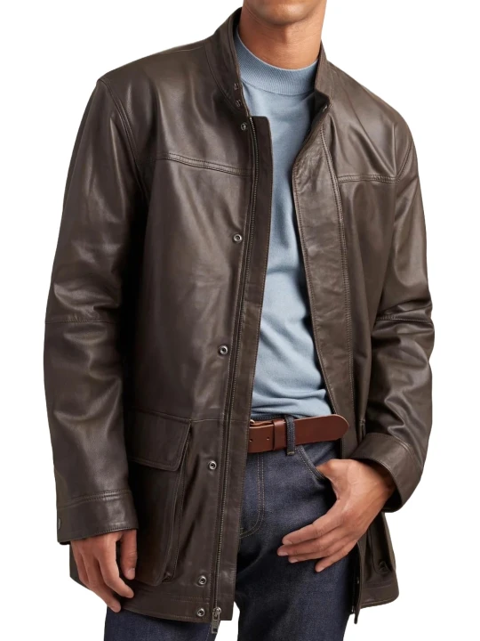Zipper With Snaps Closure Brown Leather Car Coat