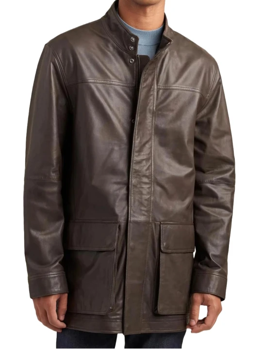 Zipper With Snaps Closure Brown Leather Car Coat