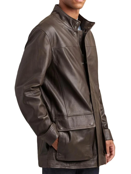 Zipper With Snaps Closure Brown Leather Car Coat