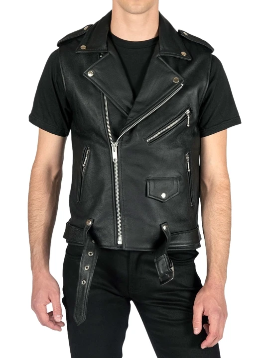 Asymmetric Zipper Black Leather Motorcycle Vest