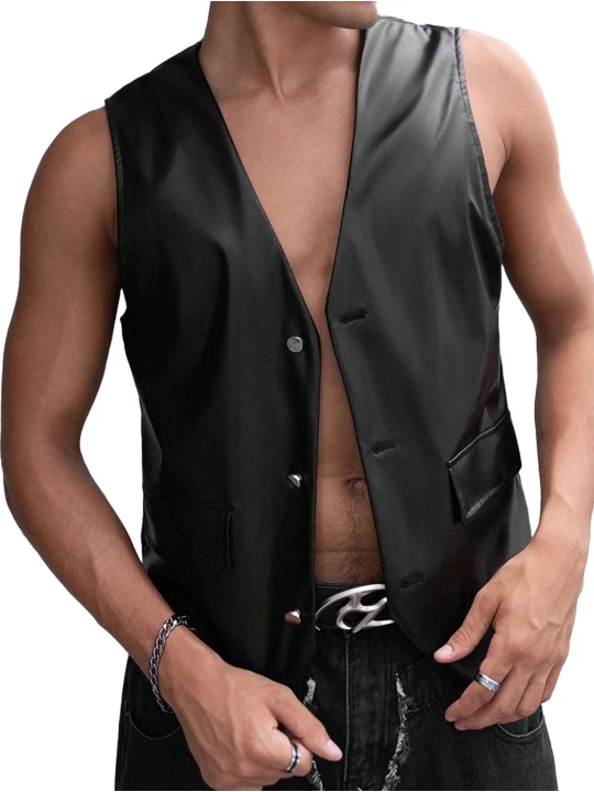 Black Leather V Neck Sleeveless Vest