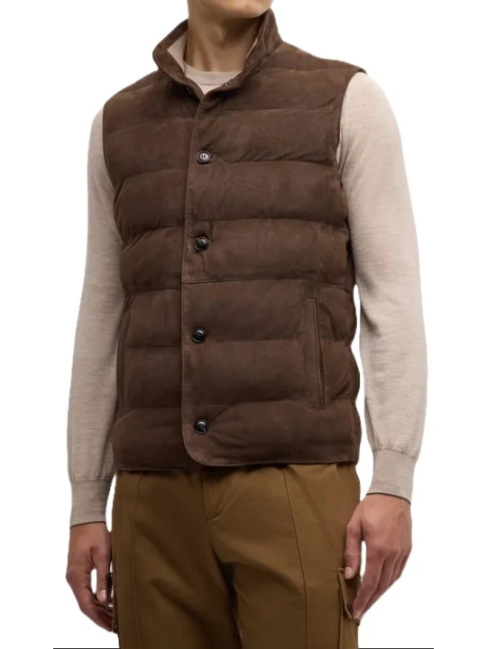 Button Front Brown Suede Leather Vest