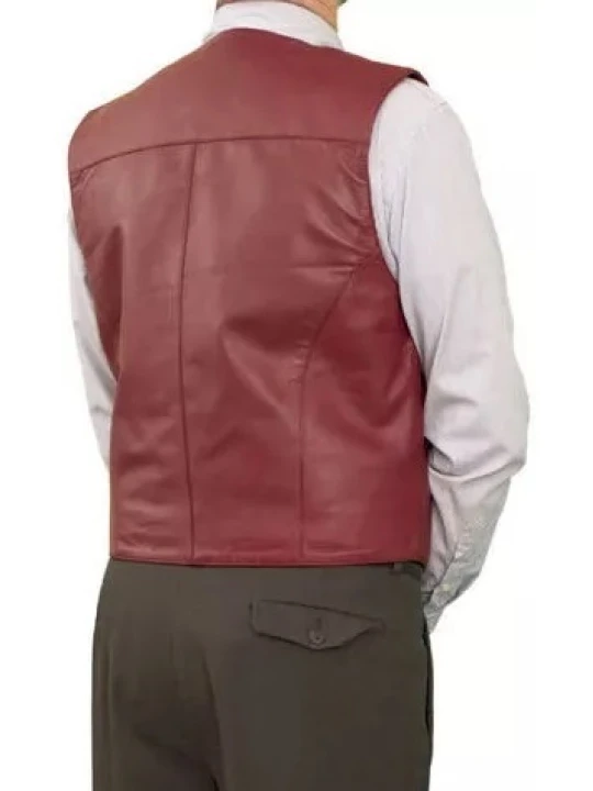 Button Front Red Leather Vest Jacket