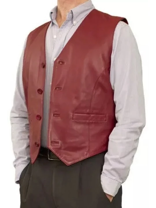 Button Front Red Leather Vest Jacket