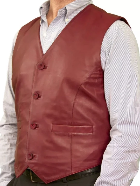 Button Front Red Leather Vest Jacket