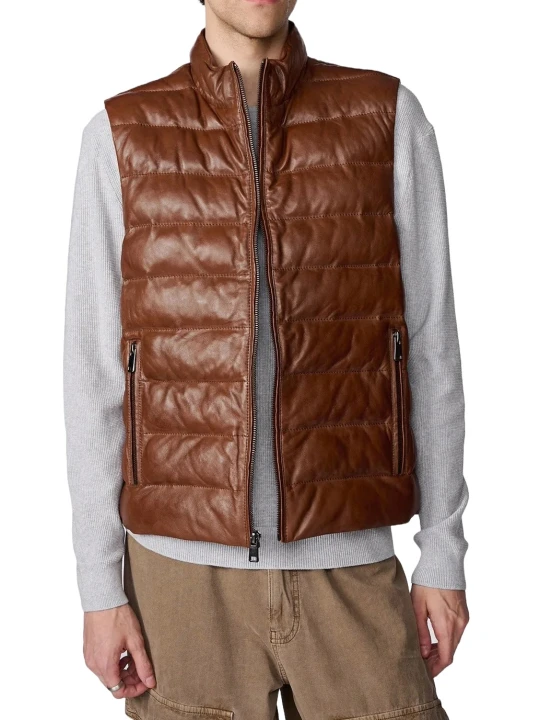 Cognac Leather Puffer Sleeveless Vest