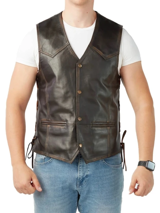 Distressed Brown Leather Biker Style Vintage Vest