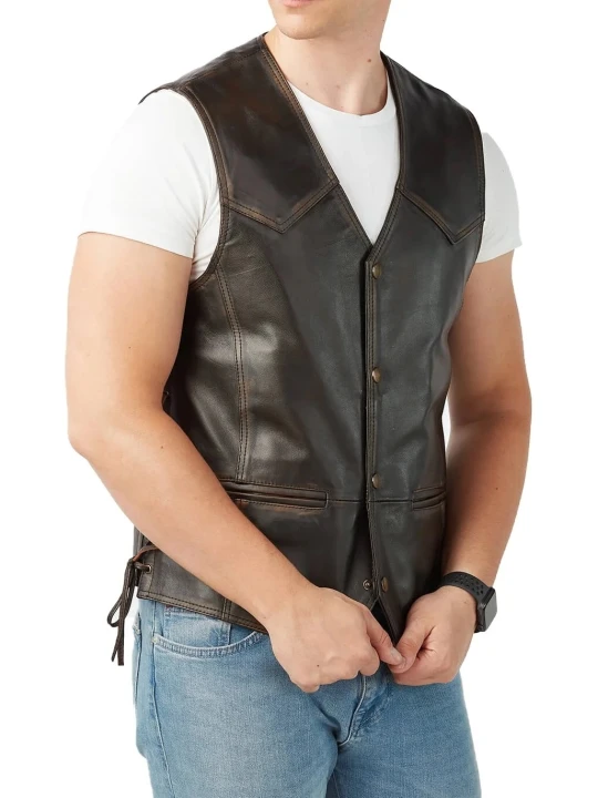 Distressed Brown Leather Biker Style Vintage Vest