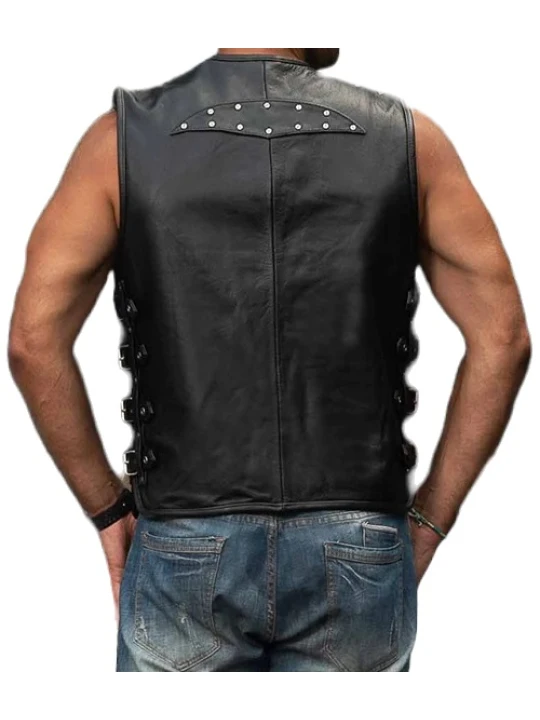 Men Bold Fashion Look Real Lambskin Black Leather Sleeveless Vest Coat