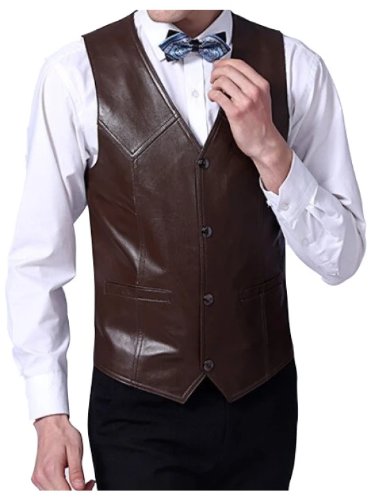 Men Impressive Style Real Lambskin Brown Leather Sleeveless Vest Coat