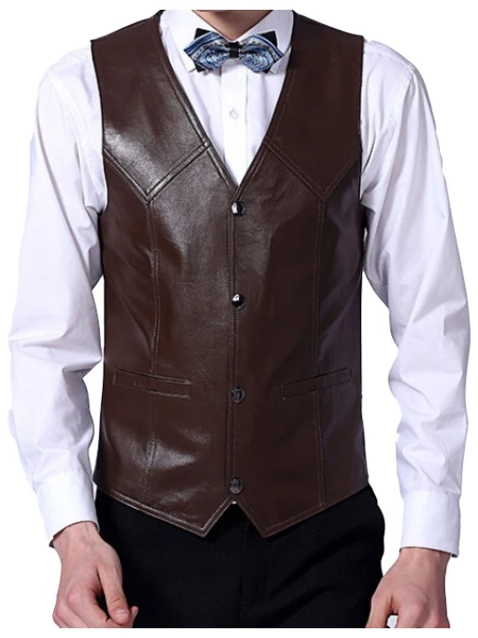 Men Impressive Style Real Lambskin Brown Leather Sleeveless Vest Coat