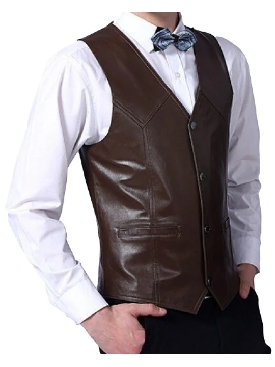 Men Impressive Style Real Lambskin Brown Leather Sleeveless Vest Coat