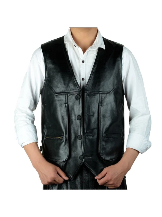 Men Stylish Real Lambskin Black Leather Sleeveless Vest Coat