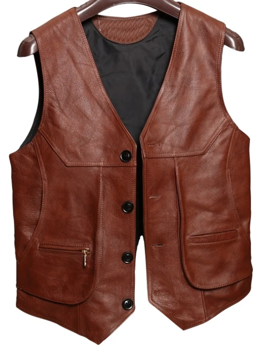 Men Stylish Real Lambskin Brown Leather Sleeveless Vest Coat