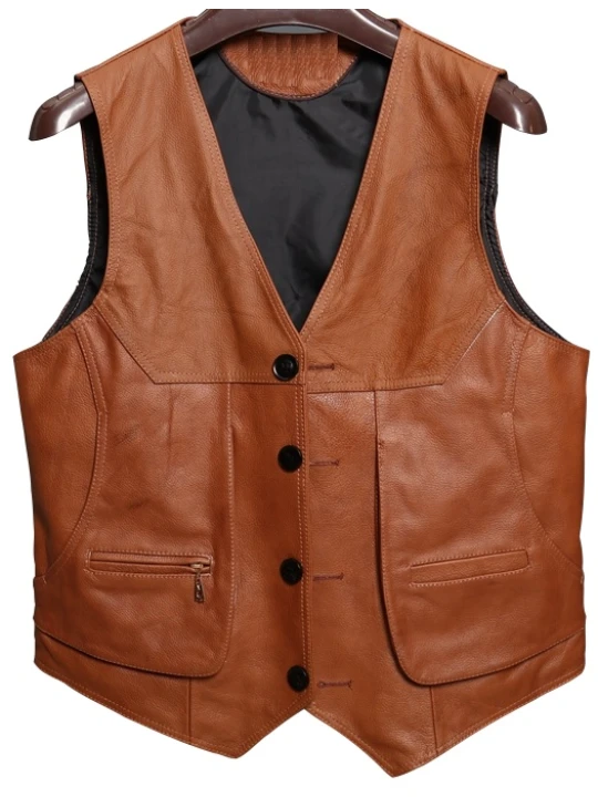 Men Stylish Real Lambskin Tan Leather Sleeveless Vest Coat