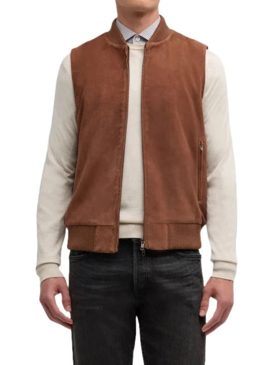 Ribbed Baseball Collar Camel Suede Leather Vest