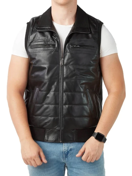Ribbed Hem Black Leather Puffer Vest
