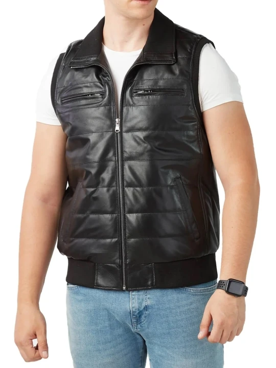 Ribbed Hem Black Leather Puffer Vest