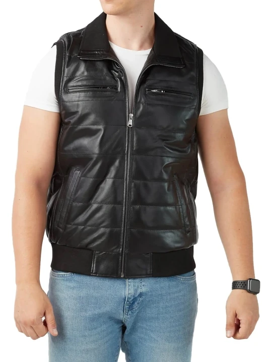 Ribbed Hem Black Leather Puffer Vest
