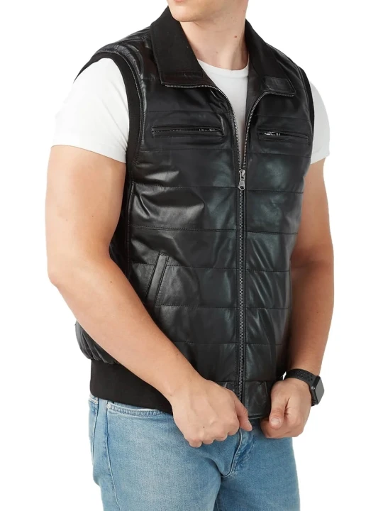Ribbed Hem Black Leather Puffer Vest