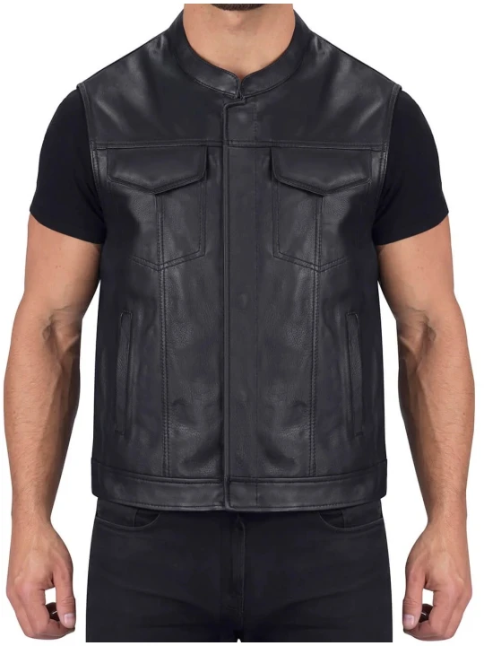 Round Collar Black Leather Motorcycle Vest