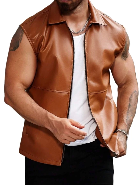 Shirt Collar Tan Leather Sleeveless Vest