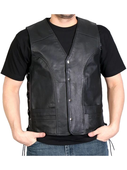 Side Lace Up Black Leather Vest