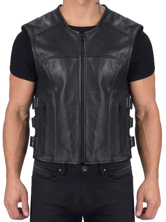Side Straps Black Leather Motorcycle Vest
