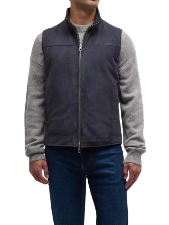 Stand Collar Navy Blue Suede Leather Vest