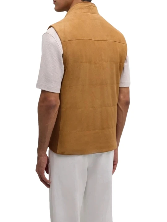 Stand Collar Tan Suede Leather Vest