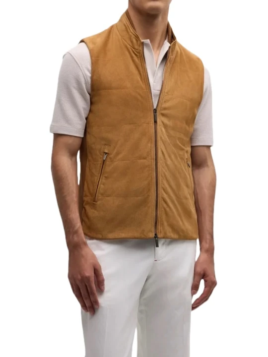 Stand Collar Tan Suede Leather Vest