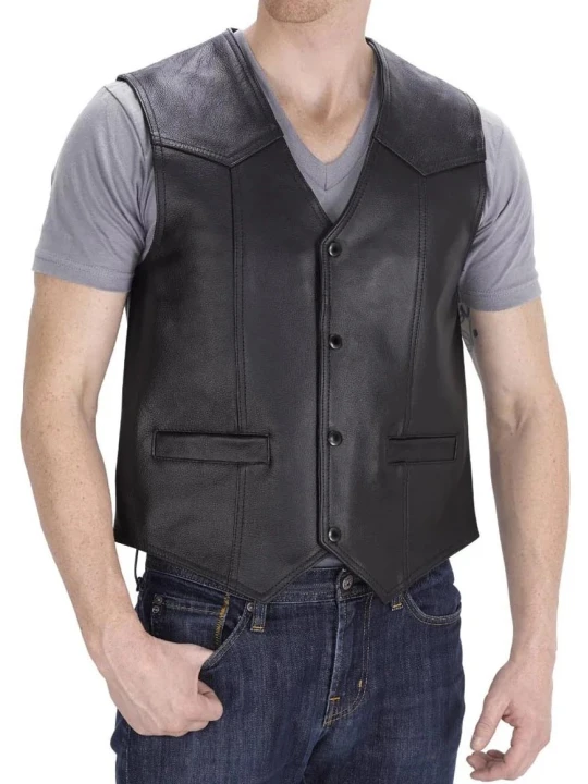 V Neck Black Leather Motorcycle Vest