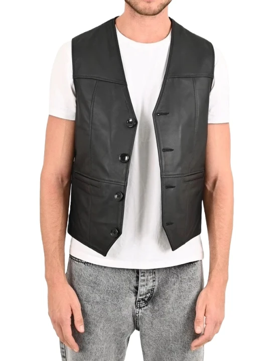 V Neck Black Leather Sleeveless Vest