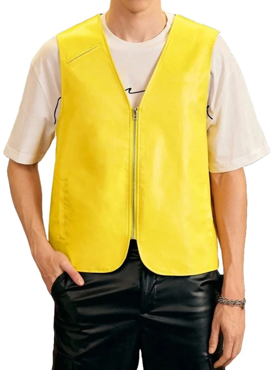 V Neck Yellow Leather Sleeveless Vest