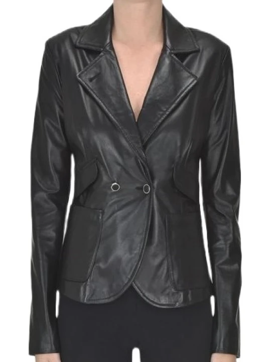 Black Front Patch Pockets Leather Blazer