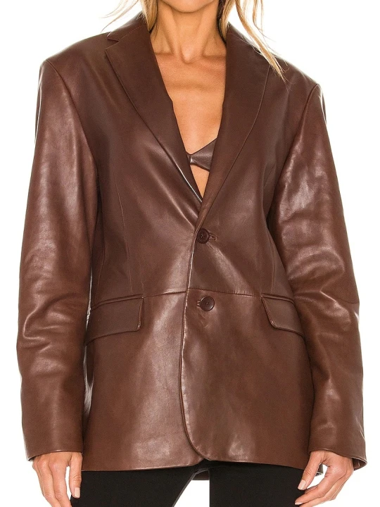 Classic Brown Leather Blazer With Two Button Closure