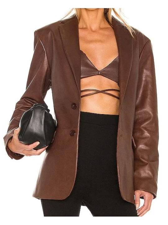 Classic Brown Leather Blazer With Two Button Closure