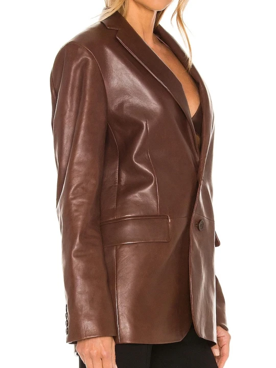 Classic Brown Leather Blazer With Two Button Closure