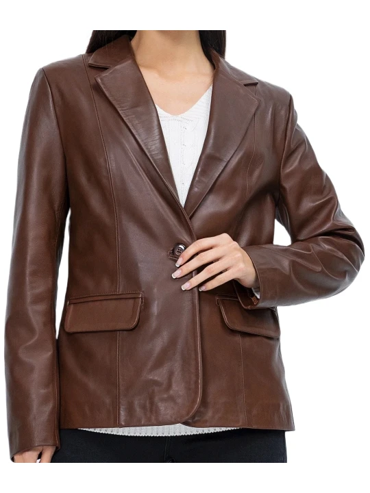 Lapel Neck Brown Real Leather Blazer