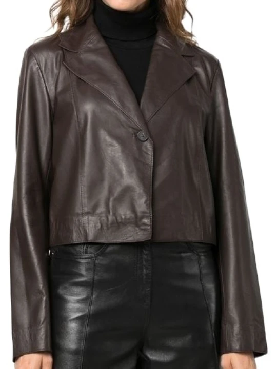 Leather Cropped Blazer Dark Brown