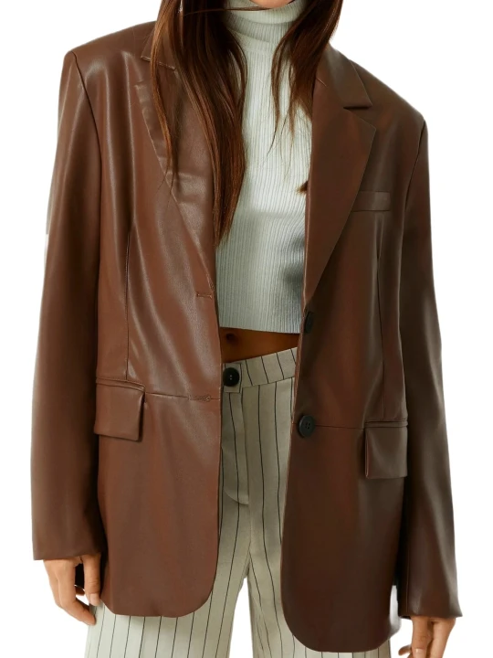 Loose Fit Brown Leather Blazer