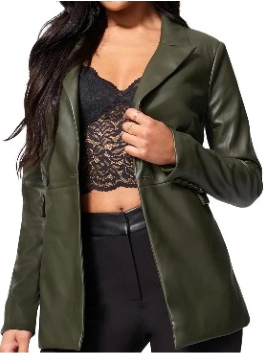 Olive Green Leather Blazer With Button Closure
