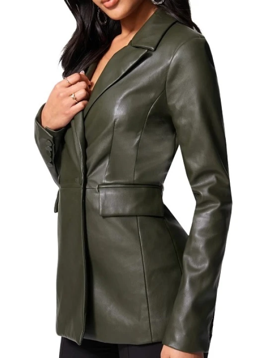 Olive Green Leather Blazer With Button Closure Olive Green Leather Blazer With Button Closure