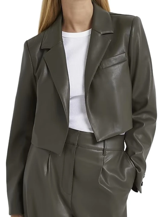 Dark Brown Real Cropped Leather Blazer