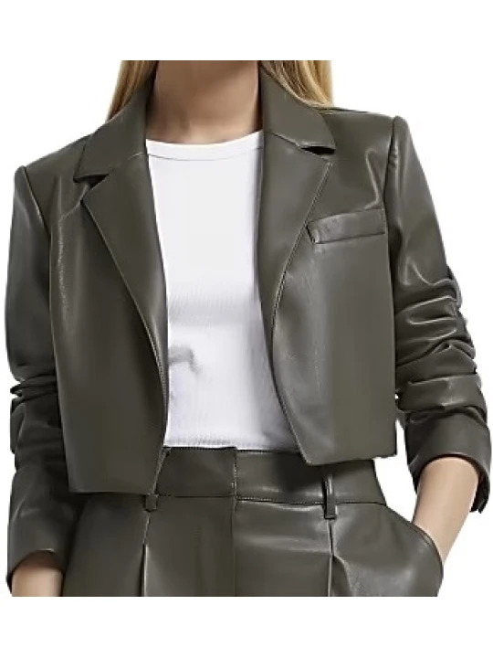 Dark Brown Real Cropped Leather Blazer