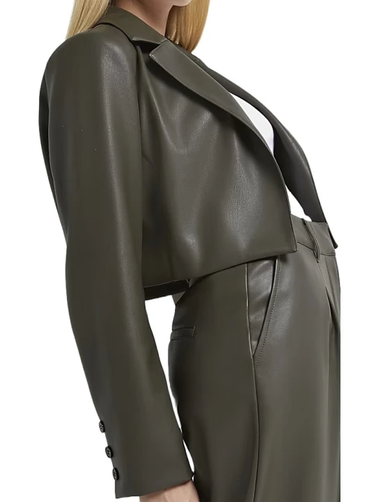 Dark Brown Real Cropped Leather Blazer