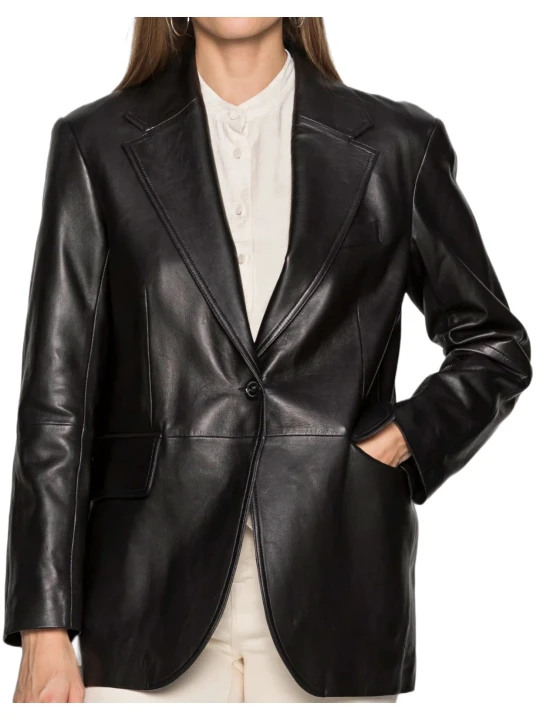 One Button Closure Black Leather Blazer