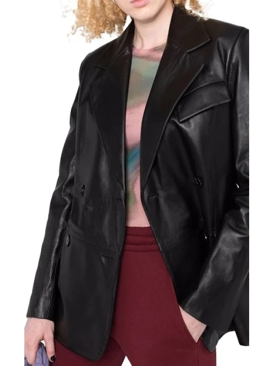 Double Breast Black Blazer Leather