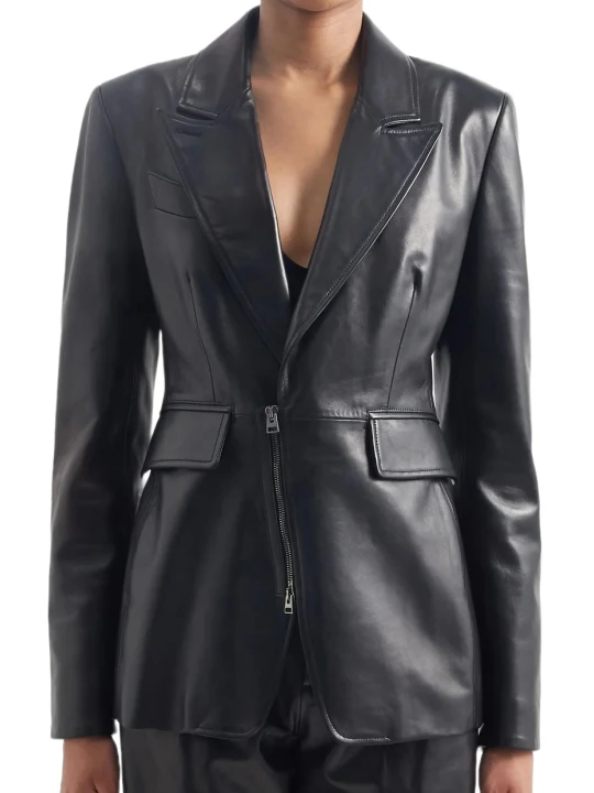 Single Breasted Zipped Leather Blazer
